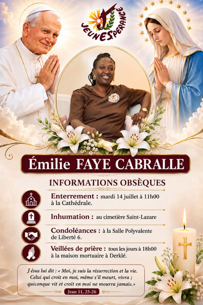 Affiche officielle des obsèques d'Émilie Faye Cabralle